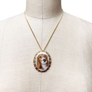Vintage Dog Necklace Painted Spaniel Gold Tone